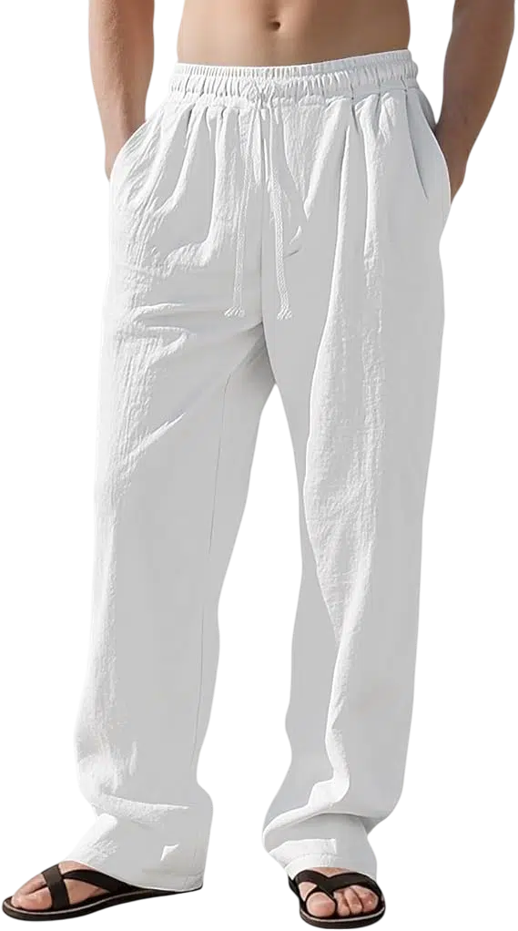 Men's Summer Outfit Idea #16 - (Sage Green Button-Up Shirt + White Wide-Leg Trousers + White Sneakers + Black Sunglasses + Silver Chain Necklace)