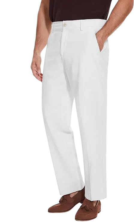 Summer Outfit Idea #06 - (Blue & White Striped Shirt + White Tank Top + White Straight-Fit Trousers + Tan Leather Loafers + Black Sunglasses + Silver Watch) Men's Jeans
