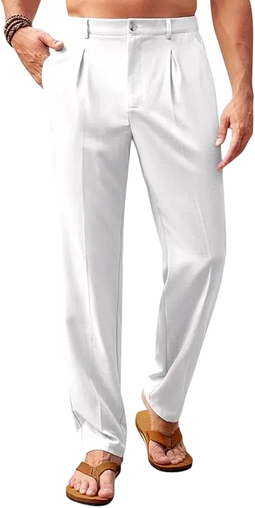 Summer Outfit Idea #05 - (Cream Crochet Shirt + White Tank Top + White Wide-Leg Trousers + Black Sunglasses) Men's Pant