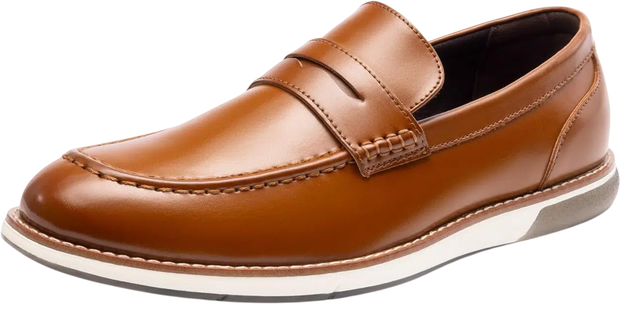 Summer Outfit Idea #06 - (Blue & White Striped Shirt + White Tank Top + White Straight-Fit Trousers + Tan Leather Loafers + Black Sunglasses + Silver Watch) Men's Shoe