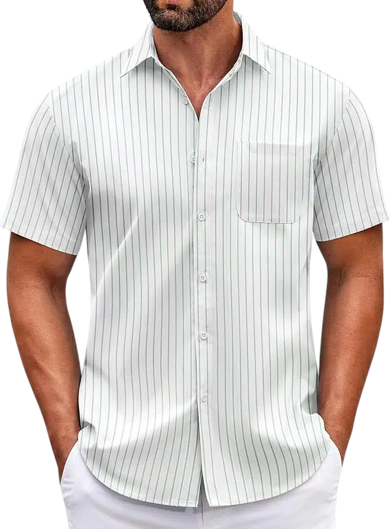 Summer Outfit Idea #04 - (White Pinstriped Shirt + Beige Slim-Fit Trousers + Brown Leather Loafers + Brown Leather Watch + Black Aviator Sunglasses) Men's Shirt