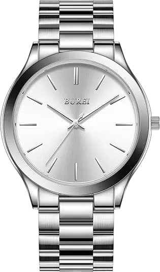 Summer Outfit Idea #07 - (White Open Button-Down Shirt + White Tank Top + Grey & White Striped Trousers + White Sneakers + Rectangular Sunglasses + Silver Watch) Men's Watch