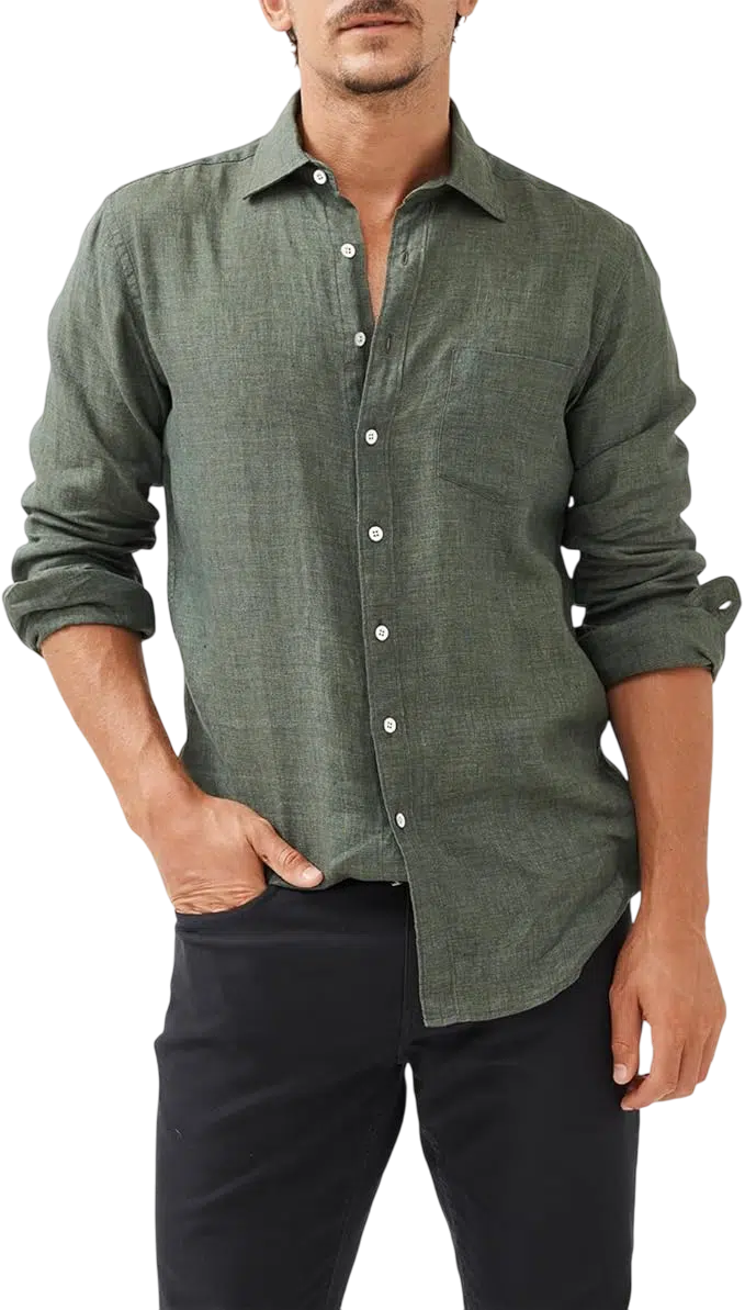 Men's Summer Outfit Idea #15 - (Dark Olive Linen Shirt + Cream Pleated Trousers + Beige Suede Slip-On Loafers + Black Sunglasses)