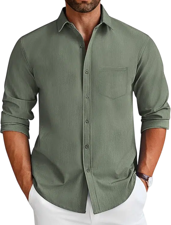 Men's Summer Outfit Idea #16 - (Sage Green Button-Up Shirt + White Wide-Leg Trousers + White Sneakers + Black Sunglasses + Silver Chain Necklace)