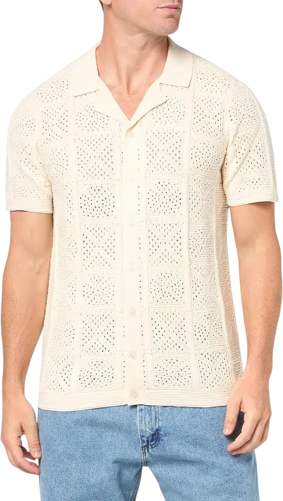 Summer Outfit Idea #05 - (Cream Crochet Shirt + White Tank Top + White Wide-Leg Trousers + Black Sunglasses) Men's Crochet Shirt