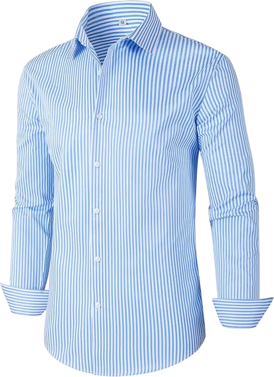 Summer Outfit Idea #06 - (Blue & White Striped Shirt + White Tank Top + White Straight-Fit Trousers + Tan Leather Loafers + Black Sunglasses + Silver Watch) Men's Shirt