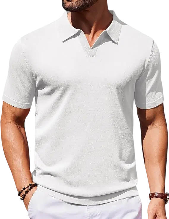 Summer Outfit Idea #02 - (White Polo Shirt + Light Grey Tailored Trousers + White Leather Sneakers + Silver Watch + Brown Sunglasses) Men's Polo Shirt