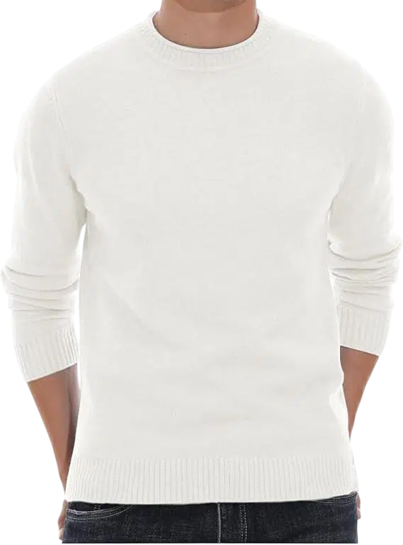 Men's Fall Outfit Idea #12 - (Black Shearling-Lined Jacket + White Crew Neck Sweater + Grey and White Vertical Striped Trousers + White High-Top Sneakers)