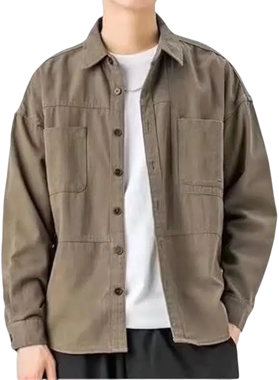 Men's Y2k Outfit Idea #07 - (Black Baseball Cap + Black Sunglasses + Brown Work Jacket + White Tank Top + Black Wide-Leg Trousers + Black Chunky Loafers)