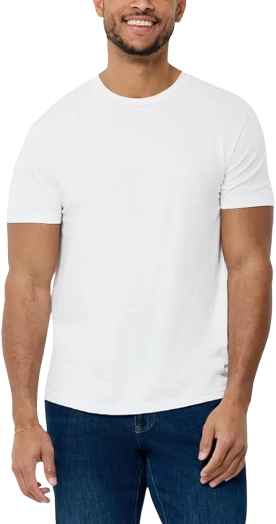 Men's Fall Outfit Idea #18 - (Olive Green Lightweight Jacket + White Crew Neck T-Shirt + Blue Straight-Leg Jeans + White Sneakers with Navy Detailing)
