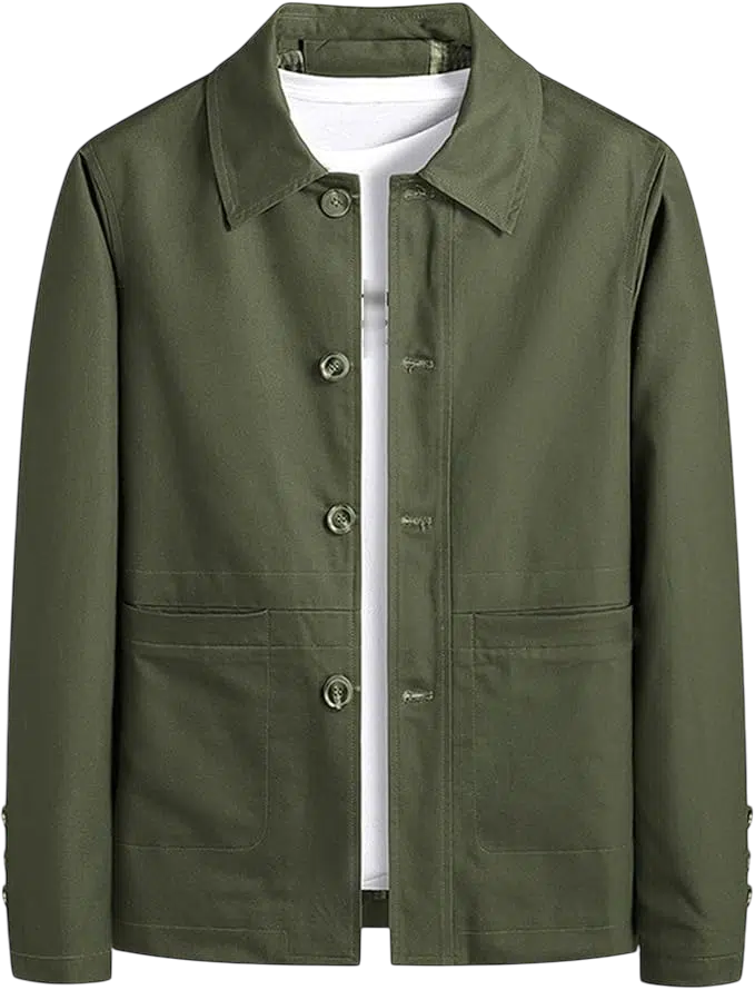 Men's Fall Outfit Idea #20 - (Olive Green Field Jacket + Beige Crew Neck Sweater + White T-Shirt + Light Gray Chinos + Brown Suede Sneakers)