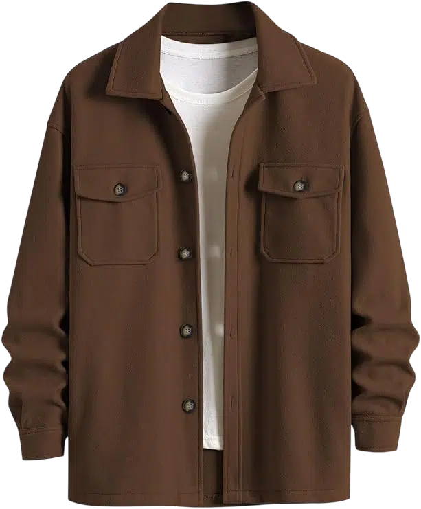 Men's Fall Outfit Idea #08 - (Dark Brown Overshirt Jacket + White Crew Neck T-Shirt + Beige Straight-Leg Trousers + White Chunky Sneakers + Black Sunglasses)