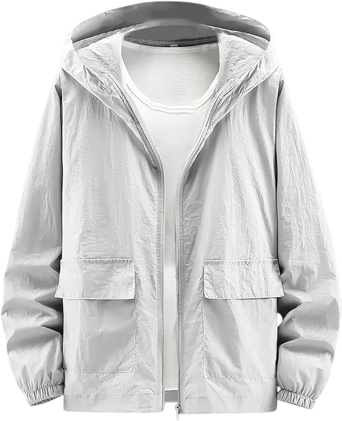 Men's Y2k Outfit Idea #08 - (Light Gray Oversized Windbreaker + Distressed Multi-Tone Wide-Leg Jeans + Chunky Black Sneakers + Black Cap + Silver Chain Necklace)