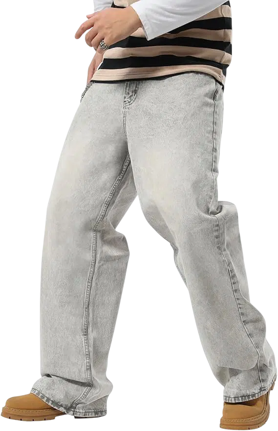 Men's Y2k Outfit Idea #10 - (Light Pink Sweater + Light Gray Wide-Leg Trousers + White Belt + Chunky White Sneakers + White Balaclava Face Cover)