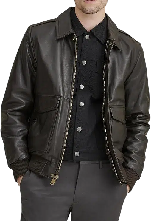 Men's Y2k Outfit Idea #03 - (Black Baseball Cap + Dark Brown Leather Bomber Jacket + Light Gray T-Shirt + Faded Blue Wide-Leg Jeans + White Chunky Sneakers)