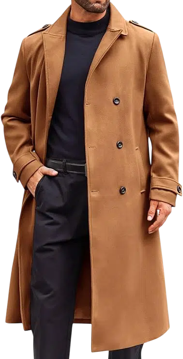 Men's Fall Outfit Idea #09 - (Camel Overcoat Jacket + Black Crew Neck T-Shirt + Black Slim-Fit Trousers + Black Chelsea Boots)