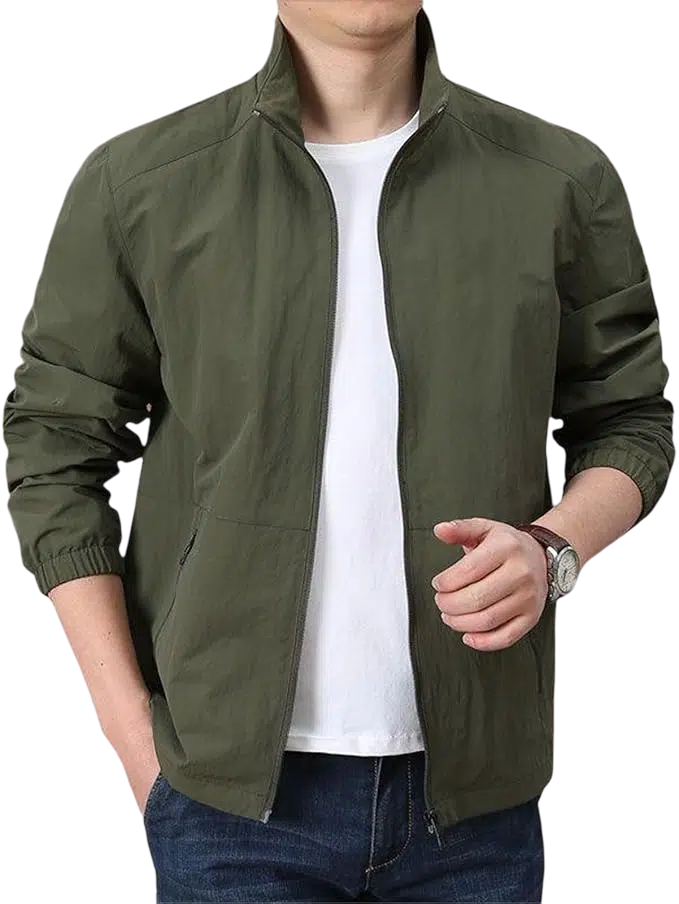 Men's Fall Outfit Idea #18 - (Olive Green Lightweight Jacket + White Crew Neck T-Shirt + Blue Straight-Leg Jeans + White Sneakers with Navy Detailing)