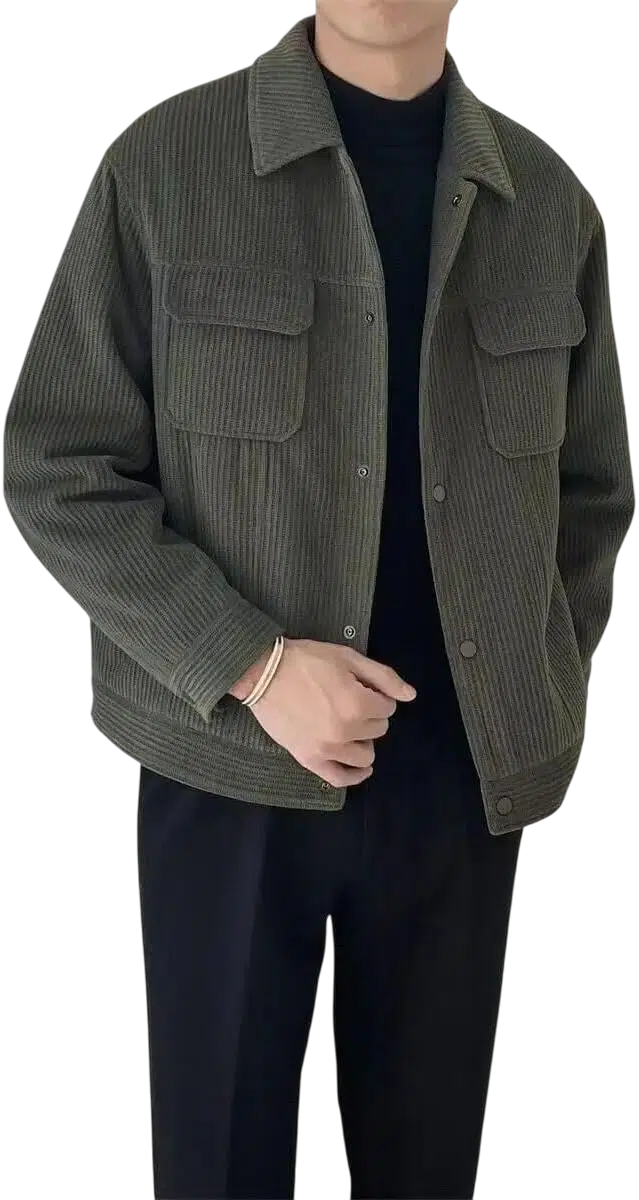 Men's Fall Outfit Idea #13 - (Olive Green Jacket + Beige Ribbed Sweater + Light Blue Relaxed-Fit Jeans + Dark Brown Leather Loafers)