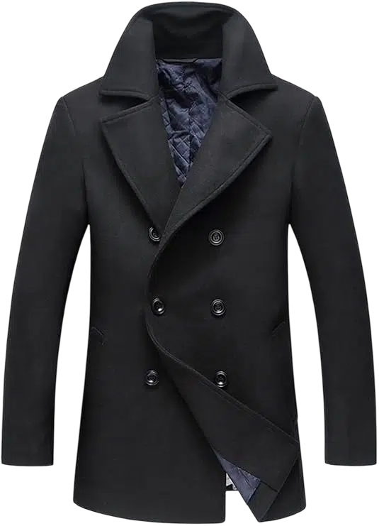 Men's Casual Outfit Idea #08 - (Navy Peacoat + Brown V-Neck Sweater + White Dress Shirt + Gray Slim-Fit Jeans + Black & White Vans Sneakers + Clear Eyeglasses)