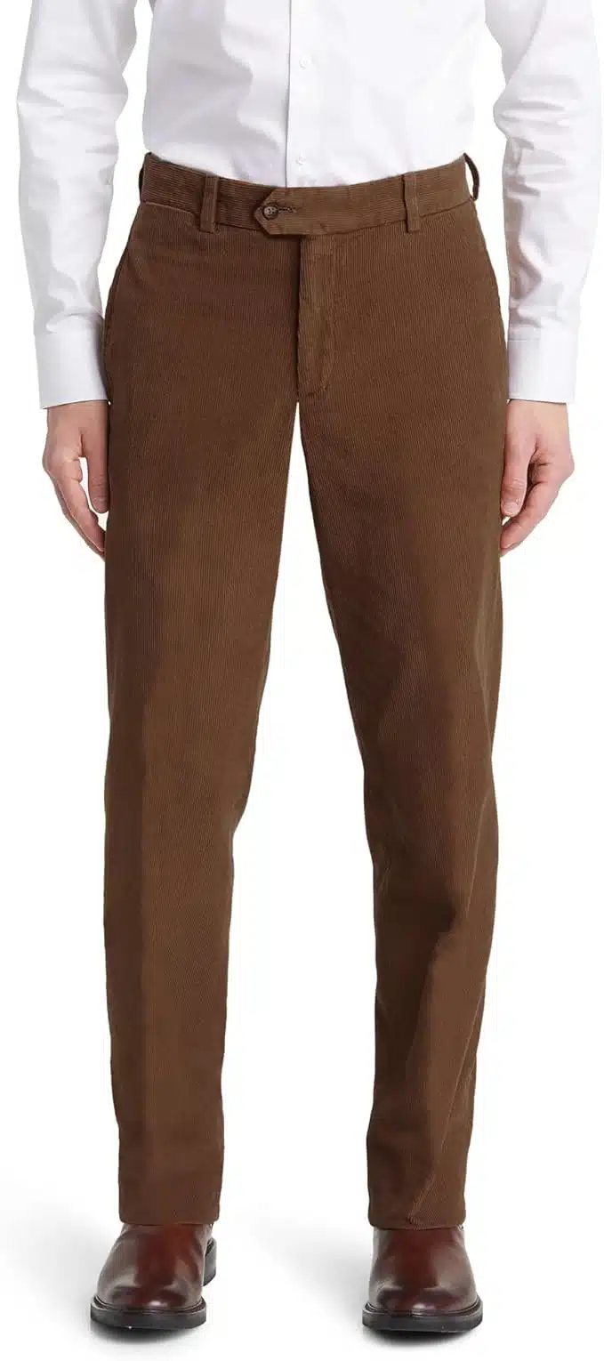 Men's Fall Outfit Idea #05 - (Navy Overcoat + Navy Crew Neck Sweater + Brown Corduroy Trousers + White Low-Top Sneakers)