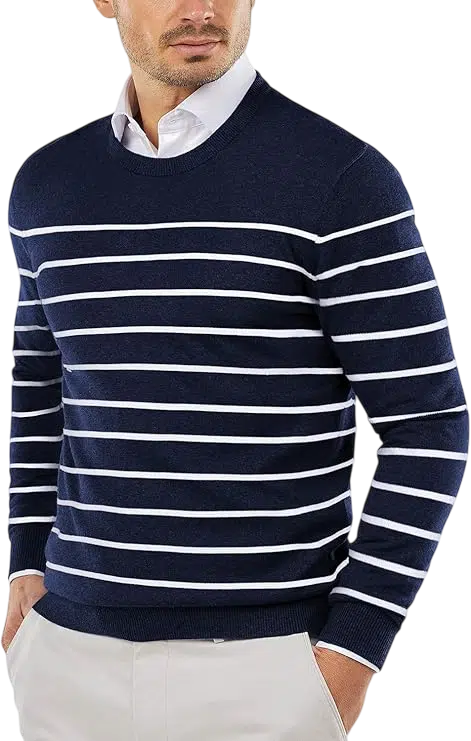 Men's Fall Outfit Idea #06 - (Navy Jacket + Navy and White Striped Sweater + Light Blue Shirt + Olive Slim-Fit Chinos + Dark Brown Leather Boots + Black Sunglasses)