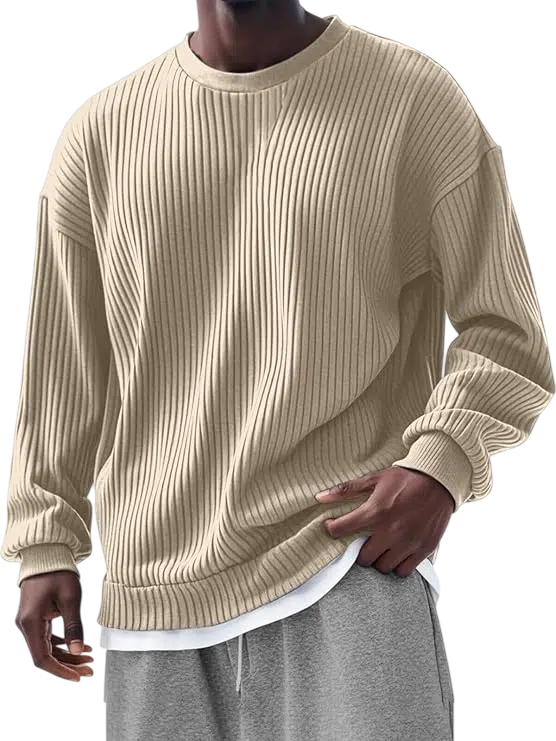Men's Y2k Outfit Idea #01 - (Beige Ribbed Knit Sweater + Faded Black Wide-Leg Jeans + White and Green Sneakers + White Undershirt + Pearl Necklace)
