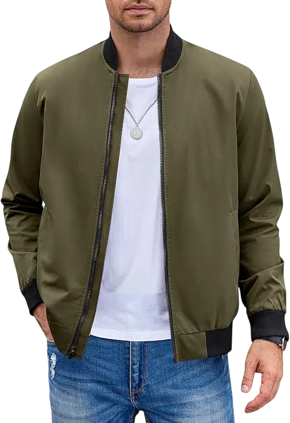 Men's Fall Outfit Idea #11 - (Olive Green Bomber Jacket + White Crew Neck T-Shirt + Light Blue Washed Jeans + Black Derby Shoes)