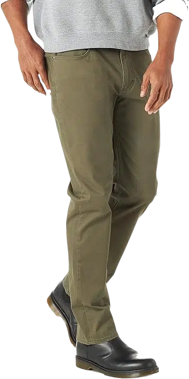 Men's Fall Outfit Idea #06 - (Navy Jacket + Navy and White Striped Sweater + Light Blue Shirt + Olive Slim-Fit Chinos + Dark Brown Leather Boots + Black Sunglasses)