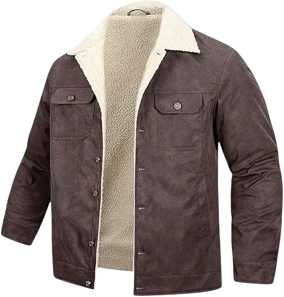 Men's Fall Outfit Idea #12 - (Black Shearling-Lined Jacket + White Crew Neck Sweater + Grey and White Vertical Striped Trousers + White High-Top Sneakers)