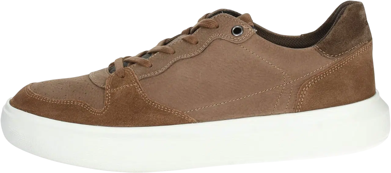 Men's Fall Outfit Idea #20 - (Olive Green Field Jacket + Beige Crew Neck Sweater + White T-Shirt + Light Gray Chinos + Brown Suede Sneakers)