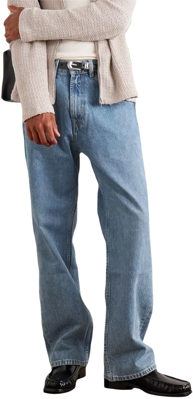 Men's Fall Outfit Idea #13 - (Olive Green Jacket + Beige Ribbed Sweater + Light Blue Relaxed-Fit Jeans + Dark Brown Leather Loafers)