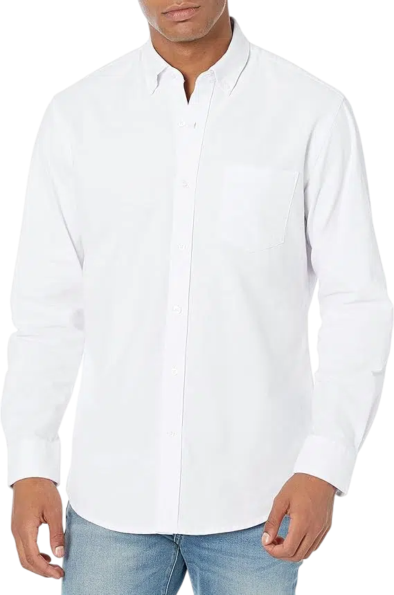Men's Casual Outfit Idea #08 - (Navy Peacoat + Brown V-Neck Sweater + White Dress Shirt + Gray Slim-Fit Jeans + Black & White Vans Sneakers + Clear Eyeglasses)