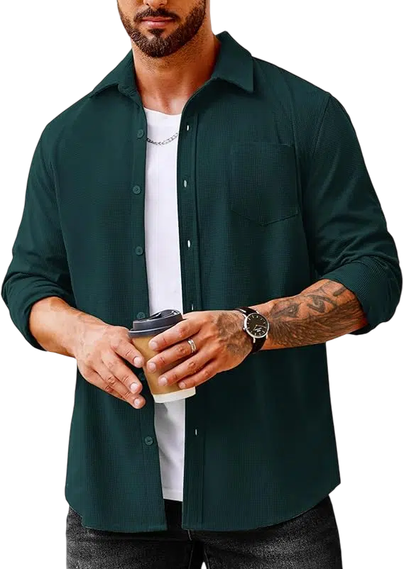 Men's Casual Outfit Idea #01 - (Olive Green Shirt + Black Jeans + White Sneakers + Rectangular Sunglasses + Silver Watch + Cream Cap)