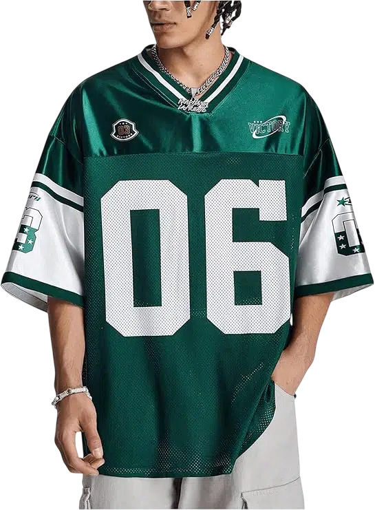 Men's Y2k Outfit Idea #05 - (Green Oversized Football Jersey with Pins + Brown Wide-Leg Pants + White High-Top Sneakers + White Arm Warmers + Silver Chain Necklace)