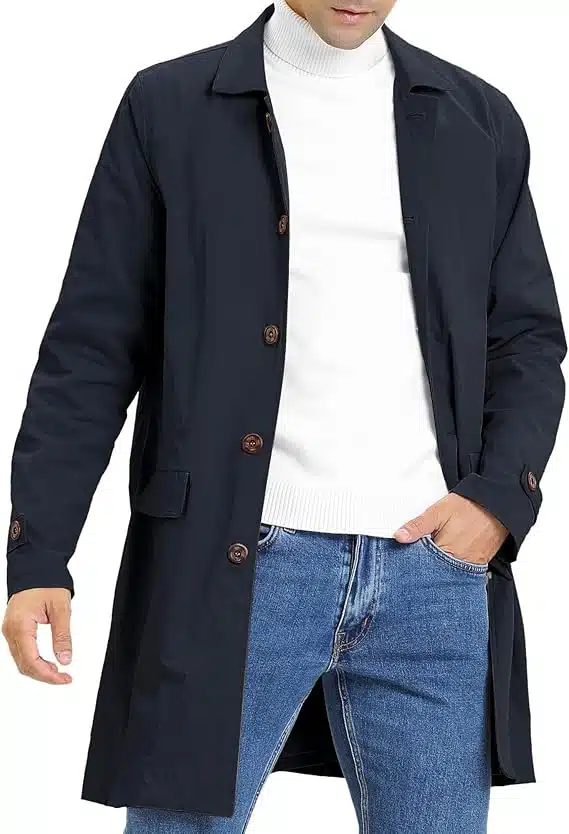 Men's Fall Outfit Idea #05 - (Navy Overcoat + Navy Crew Neck Sweater + Brown Corduroy Trousers + White Low-Top Sneakers)