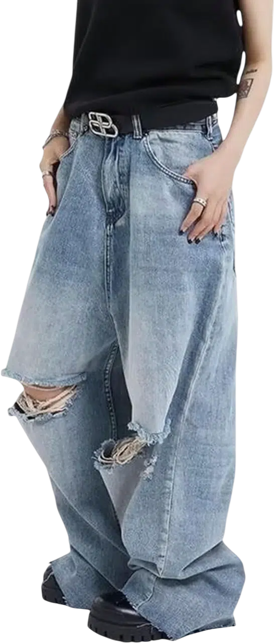 Men's Y2k Outfit Idea #02 - (White Tank Top + Oversized Charcoal Zip-Up Hoodie + Baggy Ripped Blue Jeans + Black Chunky Sneakers + Black Leather Belt + Silver Chain Necklace)
