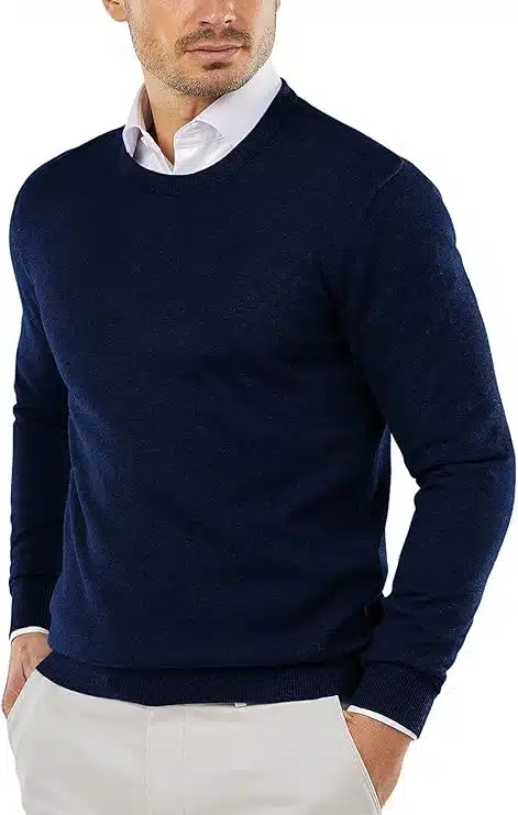 Men's Fall Outfit Idea #05 - (Navy Overcoat + Navy Crew Neck Sweater + Brown Corduroy Trousers + White Low-Top Sneakers)