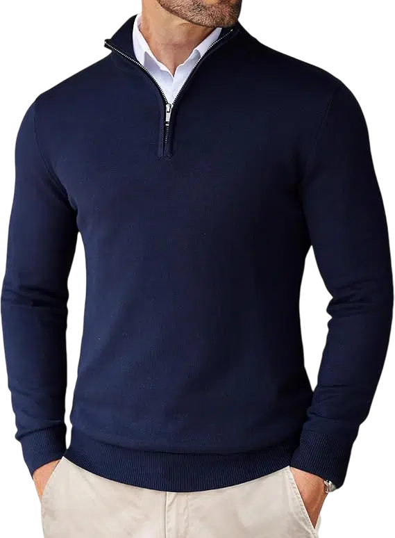 Men's Casual Outfit Idea #07 - (Navy Quarter-Zip Sweater + White Dress Shirt + Light Gray Slim-Fit Trousers + White Sneakers + Purple-Tinted Sunglasses)
