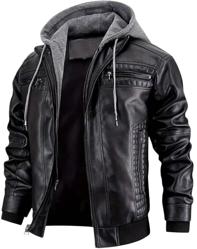 Men's Fall Outfit Idea #07 - (Black Leather Jacket + Light Grey Hoodie + Black Jeans + Black Boots + Black Sunglasses)