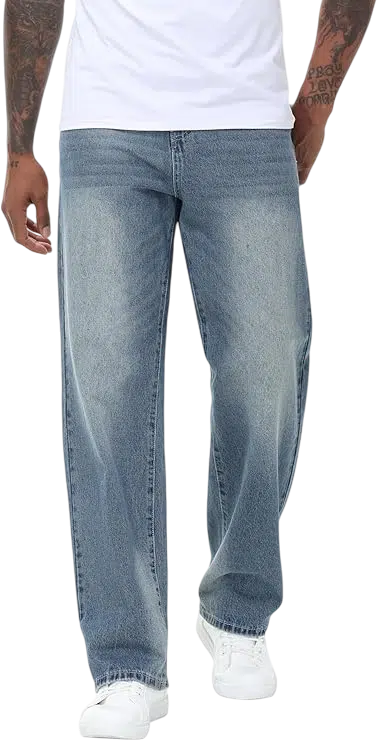 Men's Y2k Outfit Idea #03 - (Black Baseball Cap + Dark Brown Leather Bomber Jacket + Light Gray T-Shirt + Faded Blue Wide-Leg Jeans + White Chunky Sneakers)
