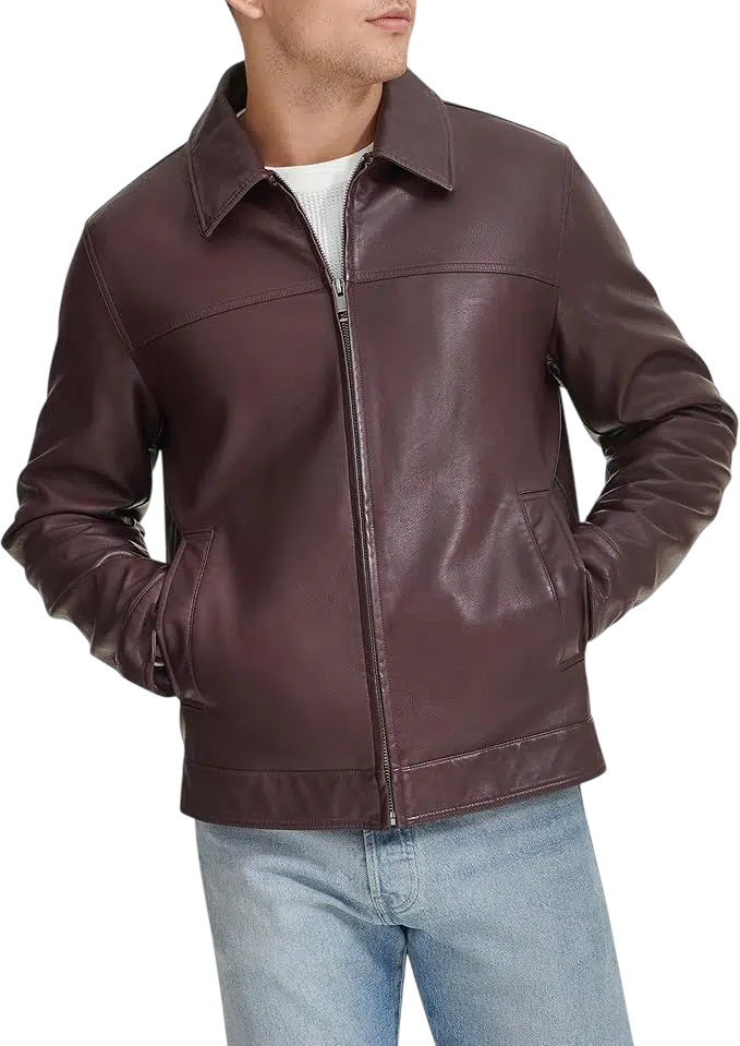 Men's Fall Outfit Idea #10 - (Burgundy Leather Jacket + Black Turtleneck Sweater + Black Slim-Fit Trousers + Brown Chelsea Boots + Black Sunglasses)