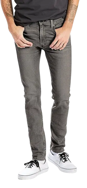 Men's Casual Outfit Idea #08 - (Navy Peacoat + Brown V-Neck Sweater + White Dress Shirt + Gray Slim-Fit Jeans + Black & White Vans Sneakers + Clear Eyeglasses)