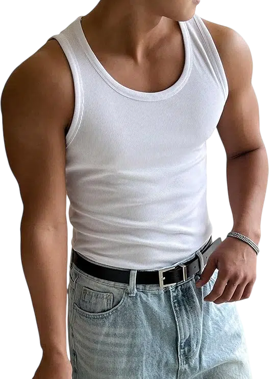 Men's Y2k Outfit Idea #02 - (White Tank Top + Oversized Charcoal Zip-Up Hoodie + Baggy Ripped Blue Jeans + Black Chunky Sneakers + Black Leather Belt + Silver Chain Necklace)