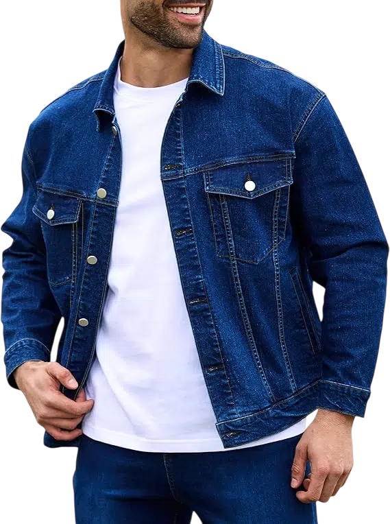 Men's Fall Outfit Idea #01 - (Light Gray Hoodie + Blue Denim Jacket + Navy Blue Trousers + White Sneakers + Tortoise Shell Sunglasses)