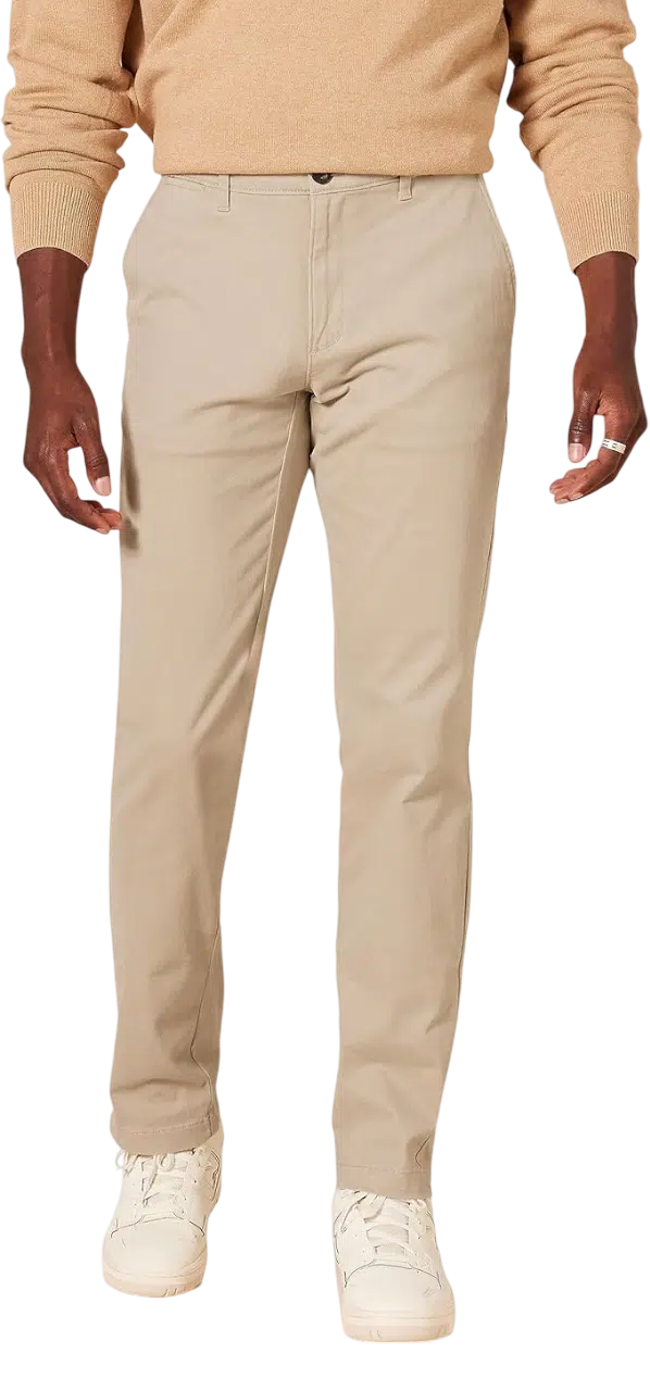 Men's Fall Outfit Idea #08 - (Dark Brown Overshirt Jacket + White Crew Neck T-Shirt + Beige Straight-Leg Trousers + White Chunky Sneakers + Black Sunglasses)