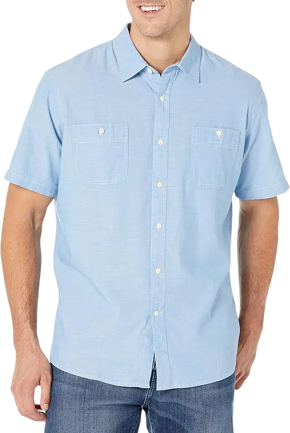 Men's Y2k Outfit Idea #09 - (Light Blue Short-Sleeve Shirt + White Tank Top + Relaxed Fit Blue Jeans + White Sneakers )