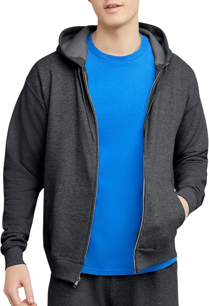 Men's Y2k Outfit Idea #02 - (White Tank Top + Oversized Charcoal Zip-Up Hoodie + Baggy Ripped Blue Jeans + Black Chunky Sneakers + Black Leather Belt + Silver Chain Necklace)
