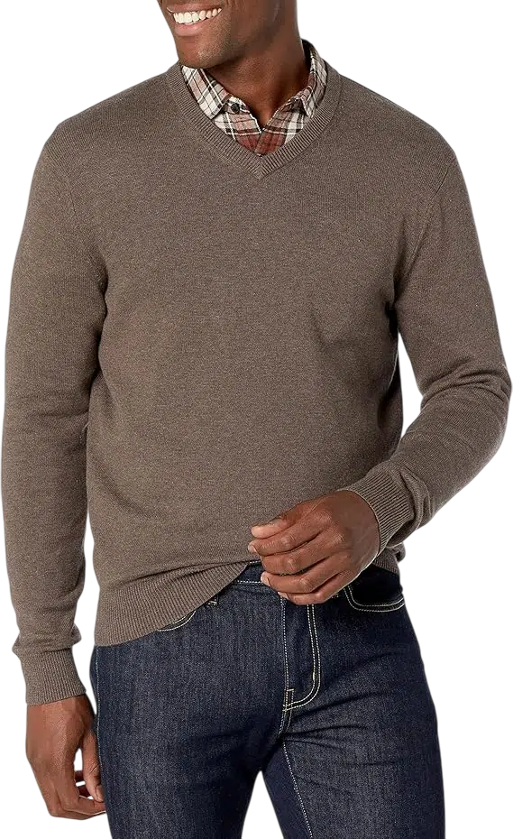 Men's Casual Outfit Idea #08 - (Navy Peacoat + Brown V-Neck Sweater + White Dress Shirt + Gray Slim-Fit Jeans + Black & White Vans Sneakers + Clear Eyeglasses)