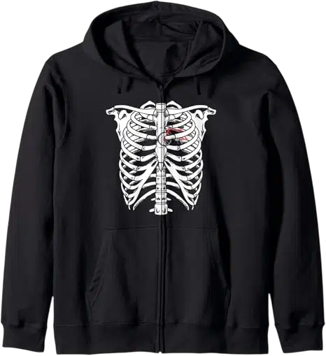 Men's Y2k Outfit Idea #12 - (Black Skeleton Graphic Zip-Up Hoodie + Black Ruched Drawstring Pants + White Sneakers + Black Flat-Brim Cap)