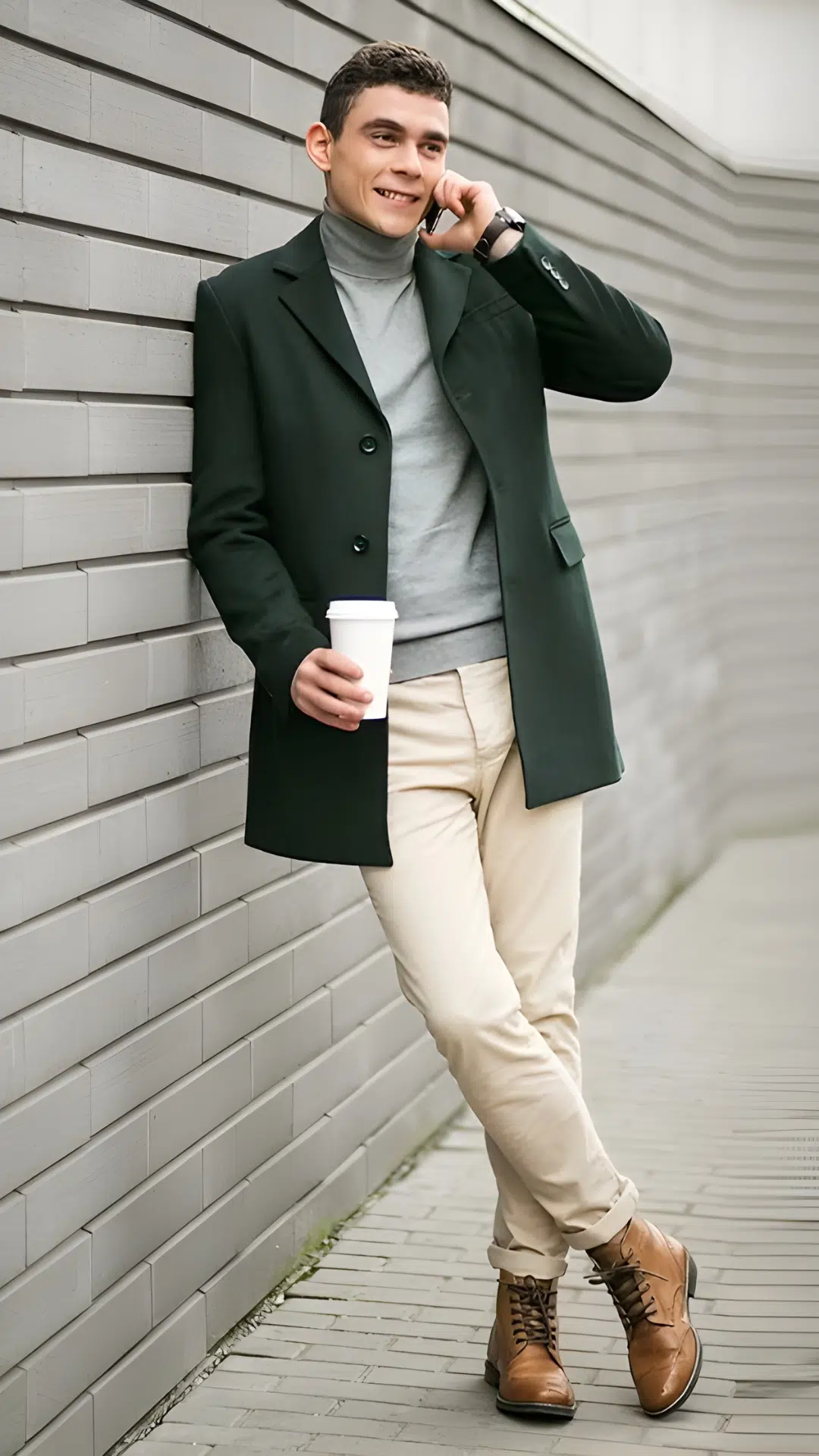 Men's Fall Outfit Idea #19 - (Dark Green Overcoat + Light Gray Turtleneck Sweater + Beige Chino Pants + Brown Leather Lace-Up Boots)